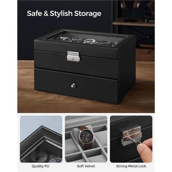 20-Slot Watch Box with Glass Lid, 2 Layers, Lockable Watch Case, Black - Picture 4 of 6